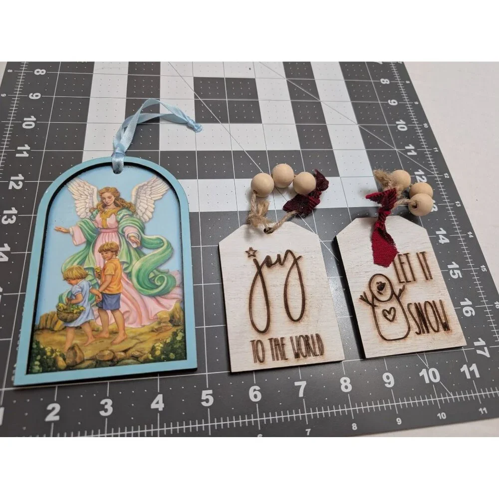 Lasered Wood Christmas Holiday Ornaments Let it Snow Joy Guardian Angel lot 3‎